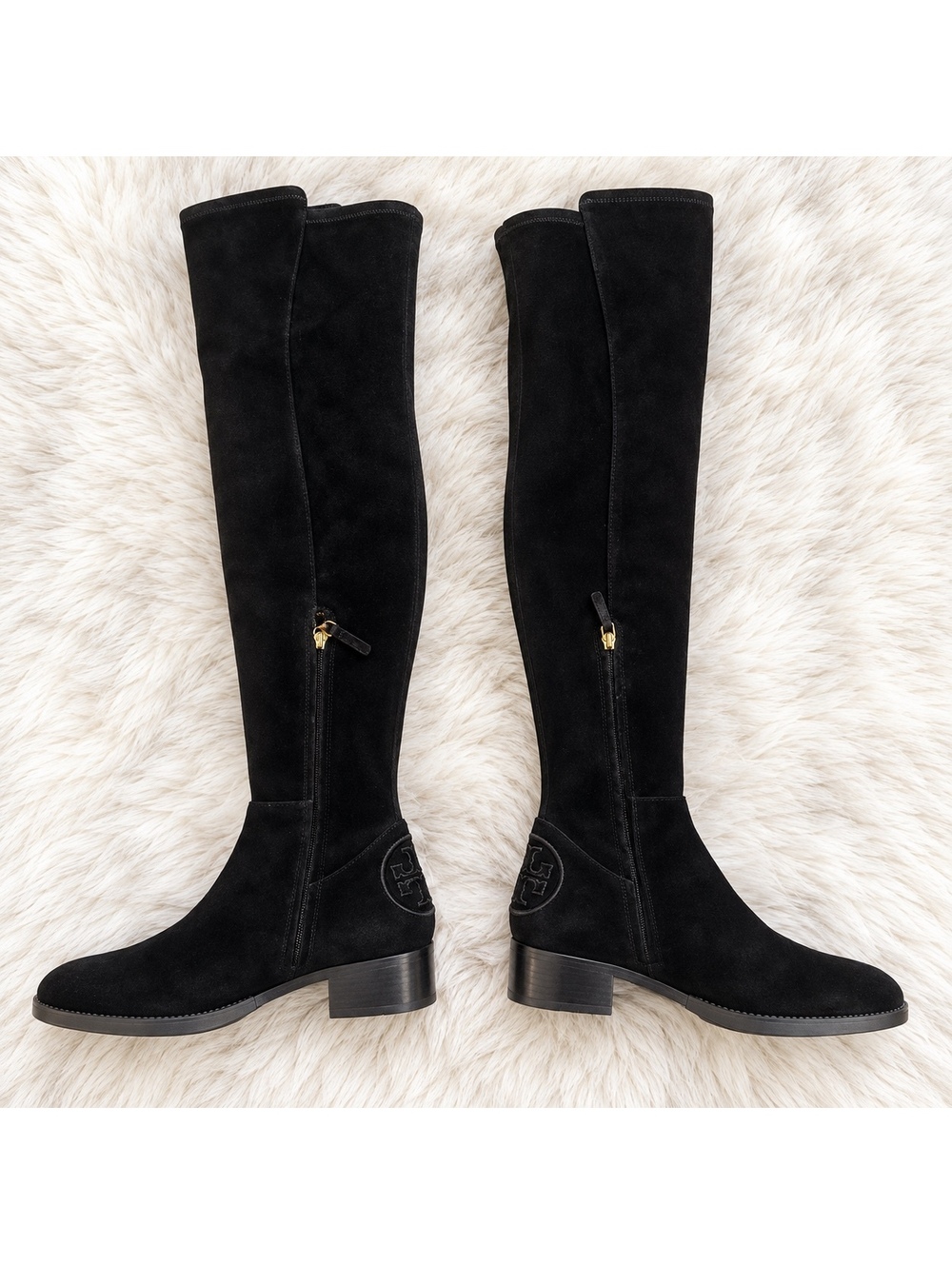 Tory Burch Over The Knee Boots Womens 7 Black Suede Leather Logo Riding Boots